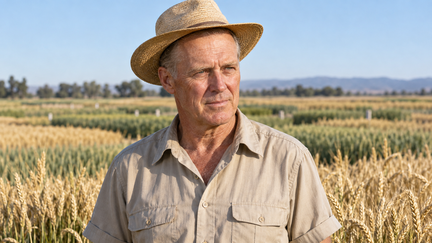 Realistic editorial recreation of Norman Borlaug in a wheat research field in 1970.