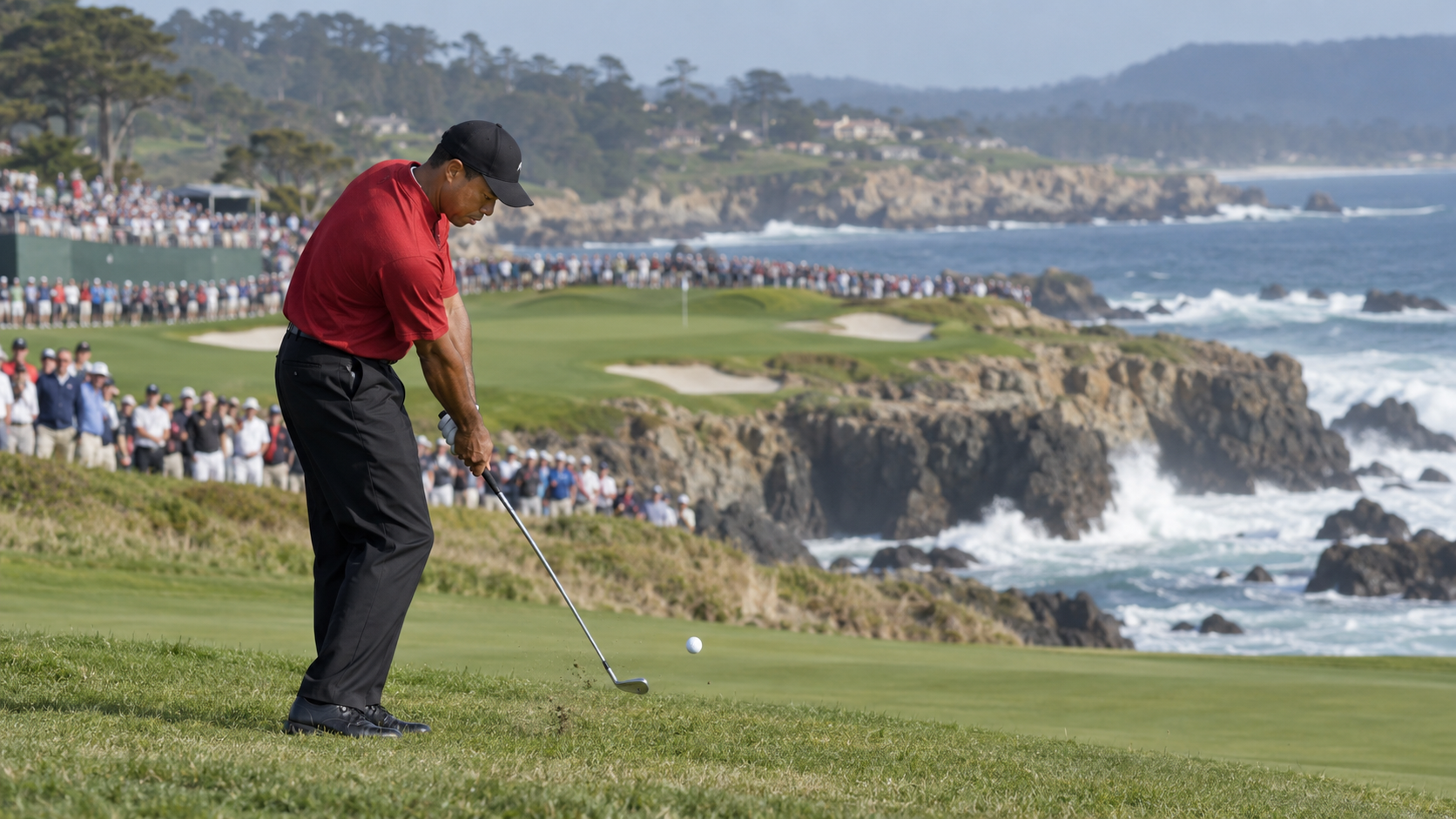 Photorealistic historical reconstruction of Tiger Woods playing along the Pacific cliffs during the 2000 U.S. Open at Pebble Beach.