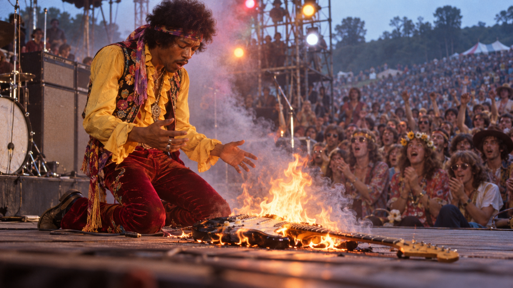 AI reconstruction of a rock guitarist kneeling before a burning instrument at a 1967 festival