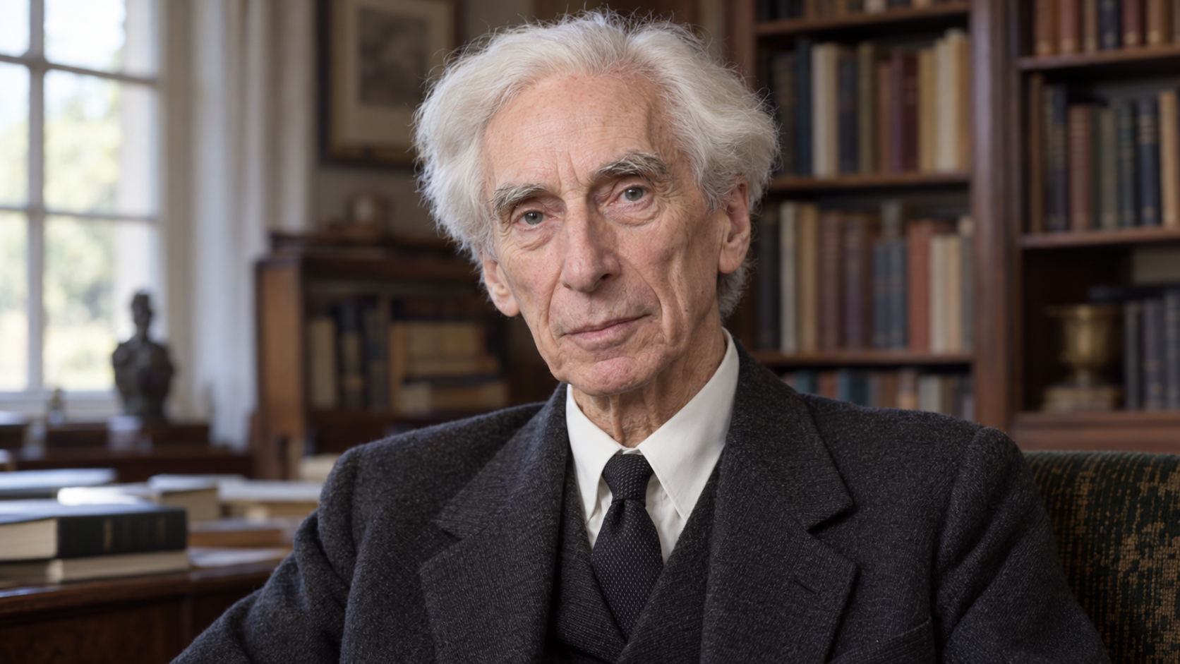 Realistic editorial recreation of Bertrand Russell in a quiet British study in 1950.