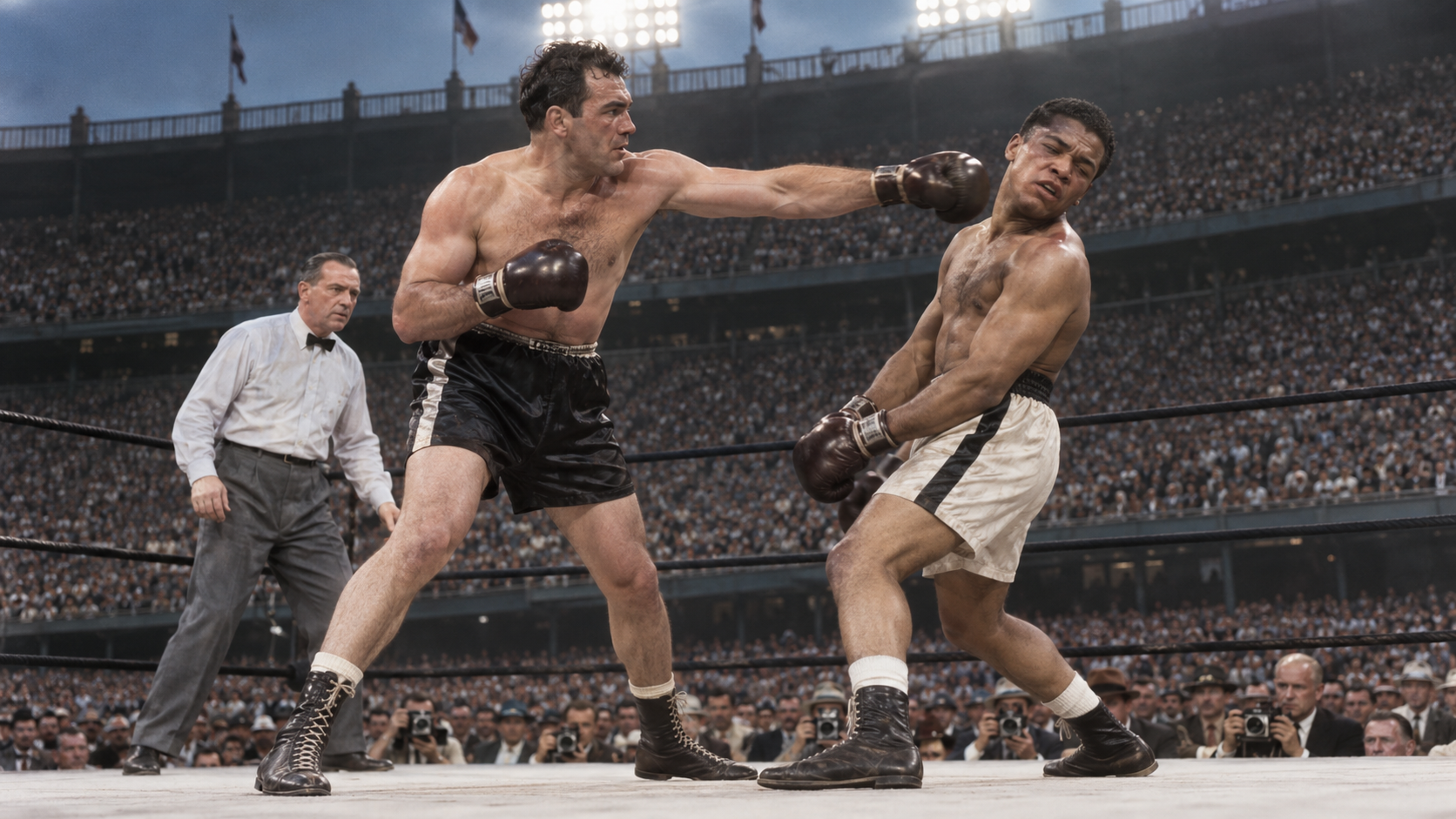 Photorealistic historical reconstruction of Max Schmeling and Joe Louis boxing under the lights at Yankee Stadium in 1936.