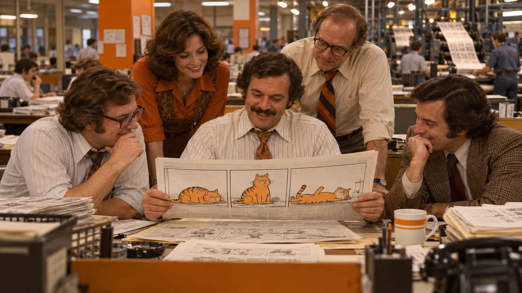 AI reconstruction of 1978 newspaper editors reviewing a new three-panel comic about a lazy orange cat