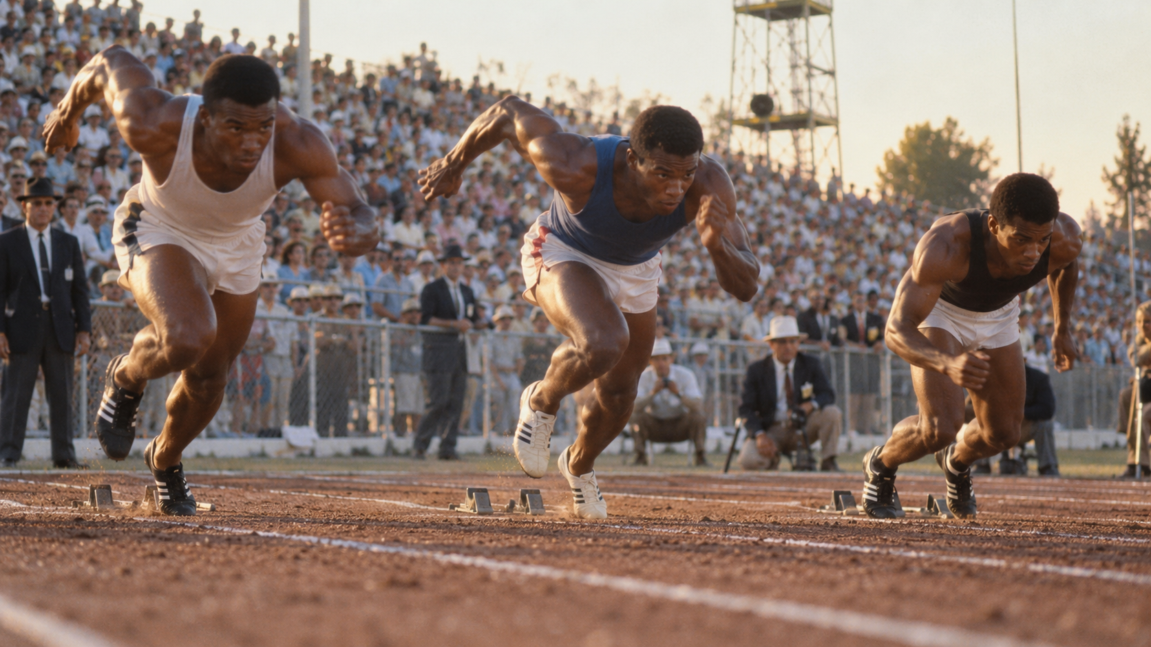 Photorealistic historical reconstruction of American sprinters exploding from the blocks during the 1968 Night of Speed in Sacramento.