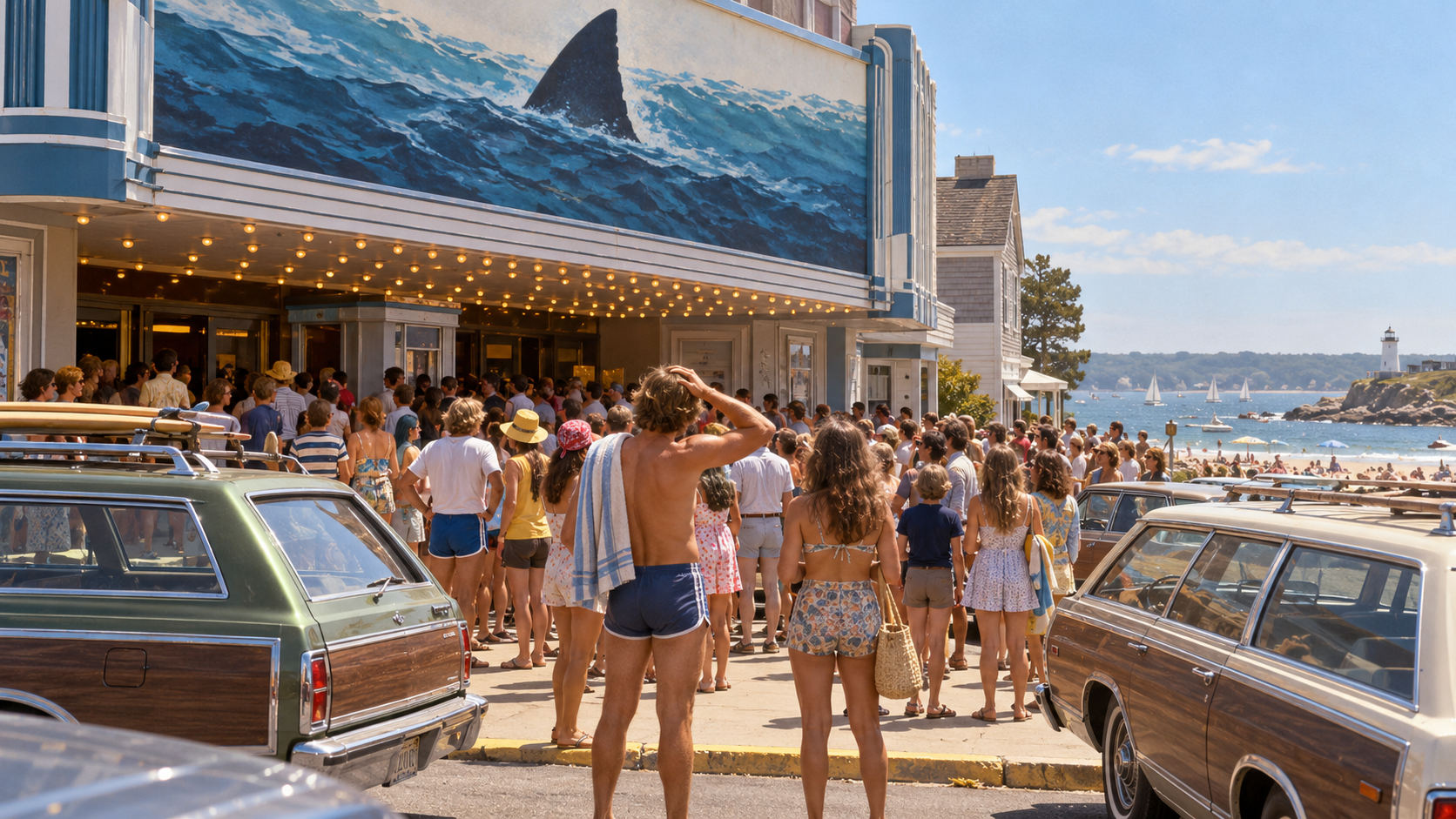 AI reconstruction of beachgoers lining up at a seaside theater for a shark thriller in June 1975