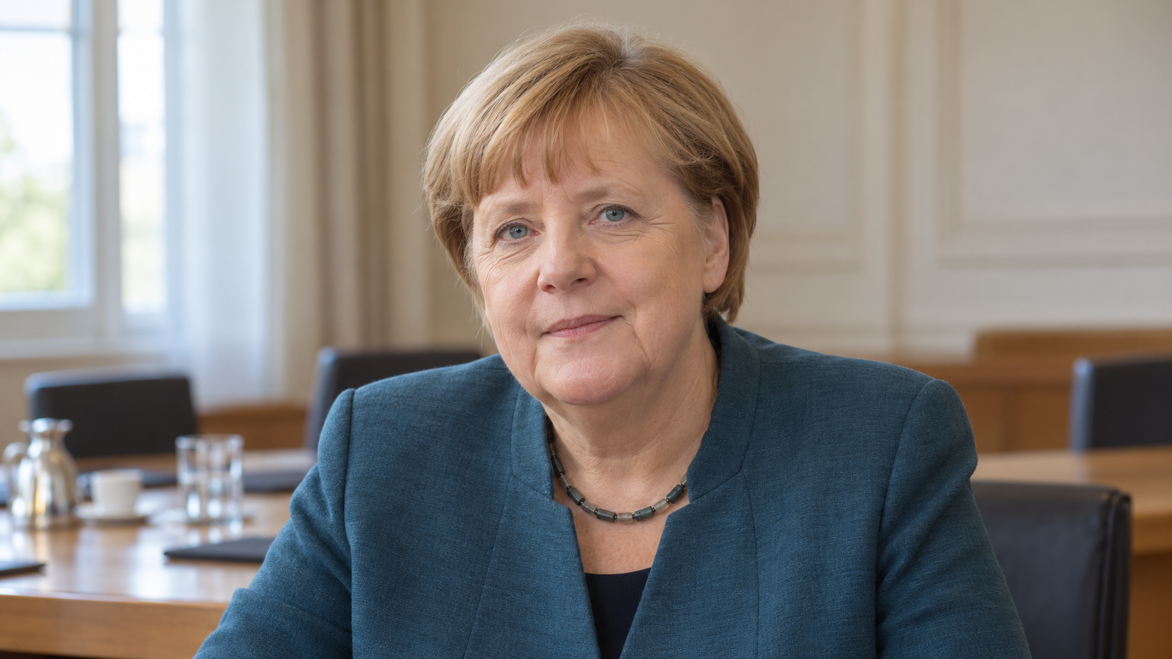 Realistic editorial recreation of Angela Merkel in a quiet German government meeting room in 2015.