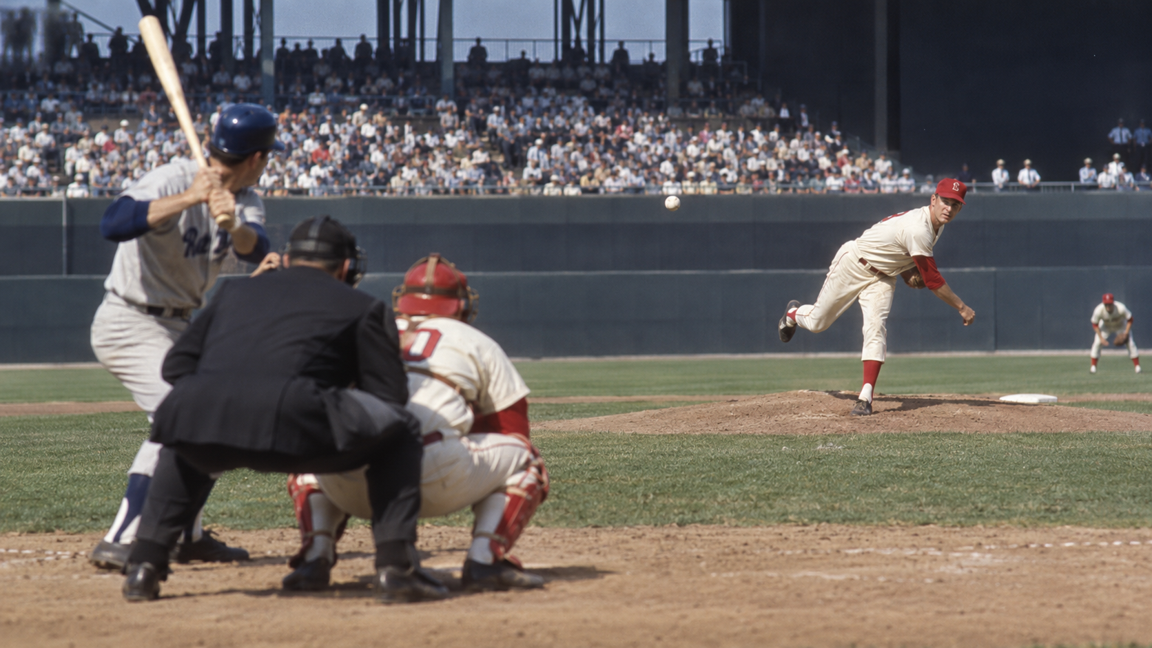 Photorealistic historical reconstruction of Jim Bunning pitching his perfect game for Philadelphia at Shea Stadium in 1964.