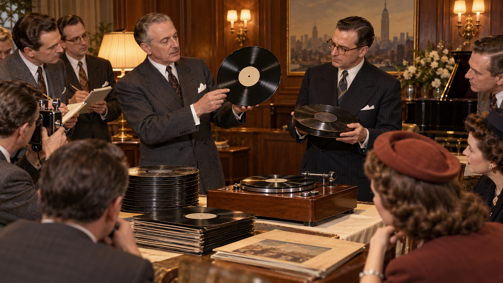 AI reconstruction of a 1948 demonstration comparing a vinyl LP with stacks of older records