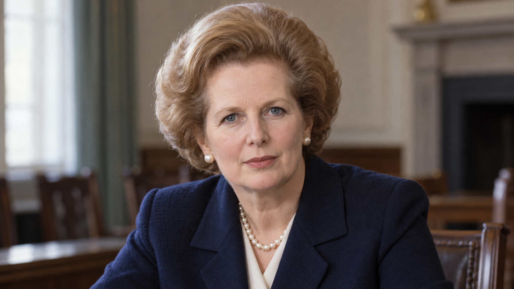 Realistic editorial recreation of Margaret Thatcher in a British government meeting room circa 1980.