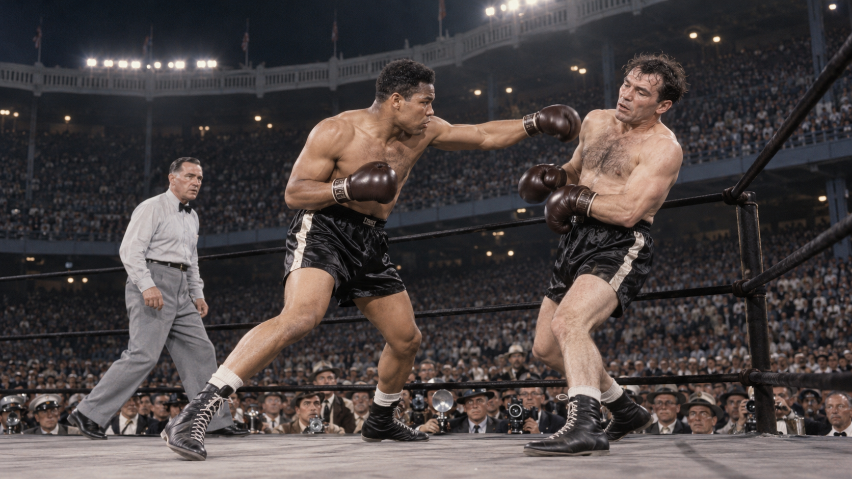 Photorealistic historical reconstruction of Joe Louis attacking Max Schmeling during their 1938 heavyweight rematch at Yankee Stadium.