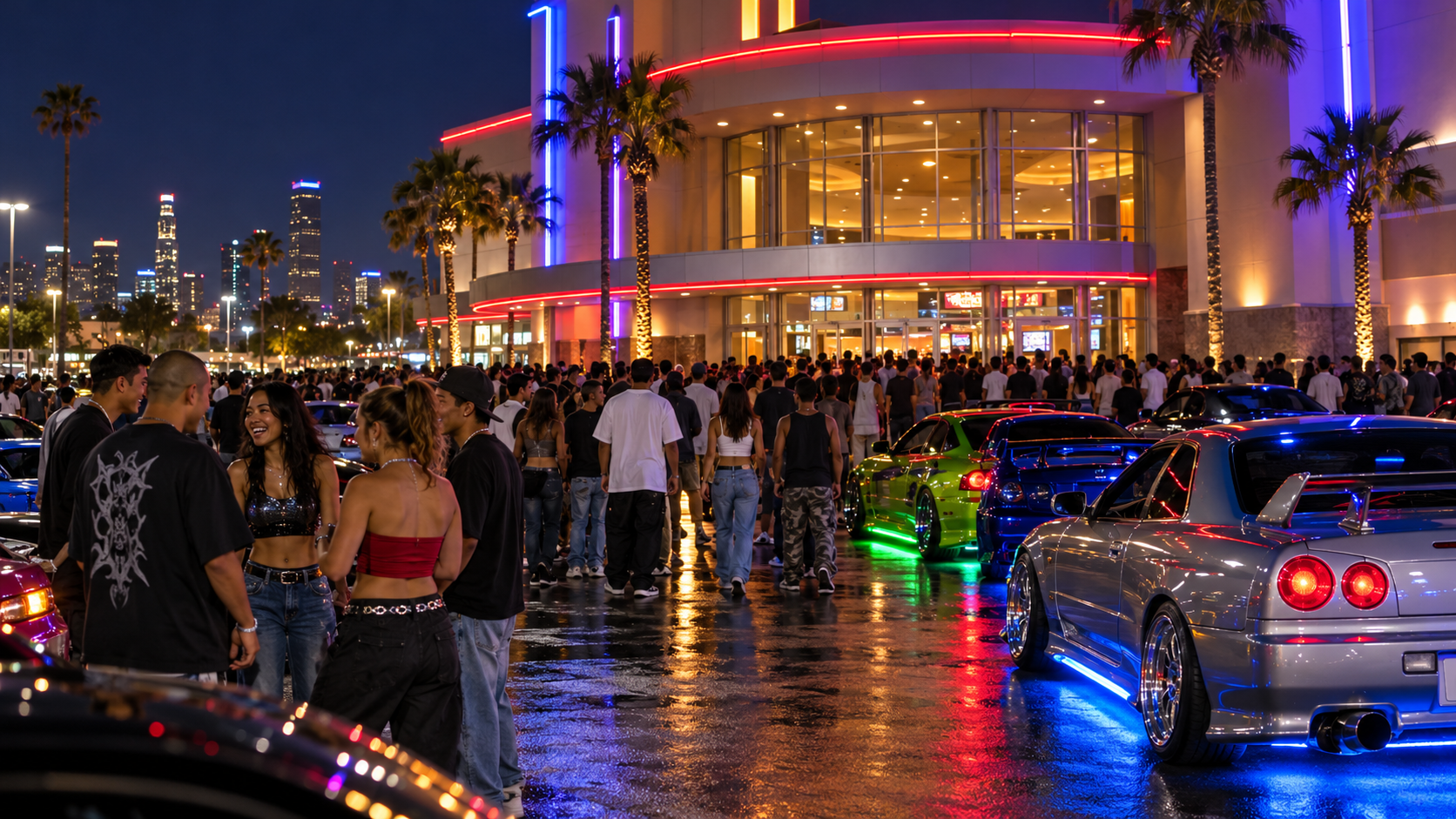AI reconstruction of a 2001 Los Angeles multiplex crowd beside customized cars with neon lighting
