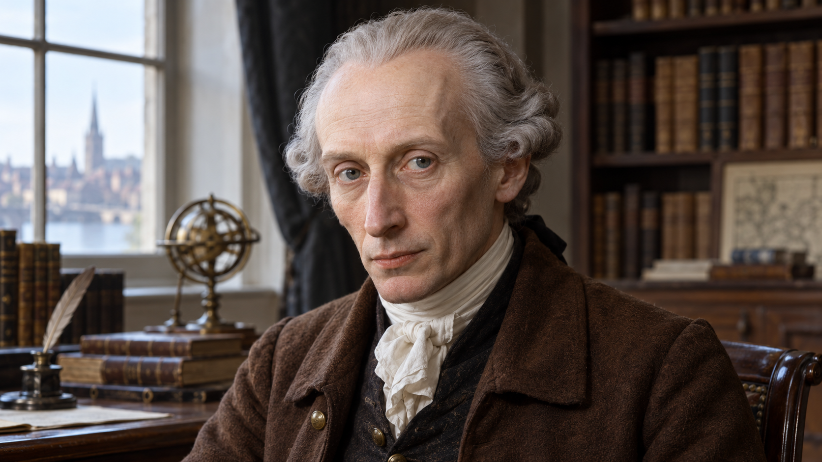 Realistic editorial recreation of Immanuel Kant in an eighteenth-century Königsberg scholarly study.