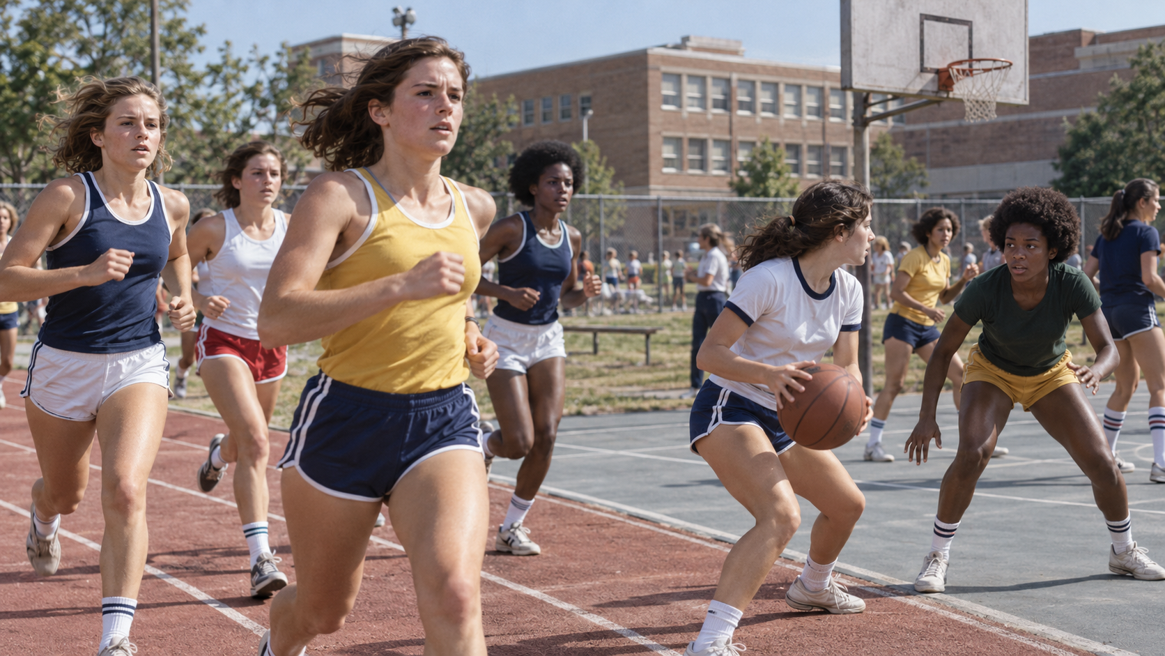 Photorealistic historical reconstruction of young women training on a school athletic field as Title IX becomes law in 1972.