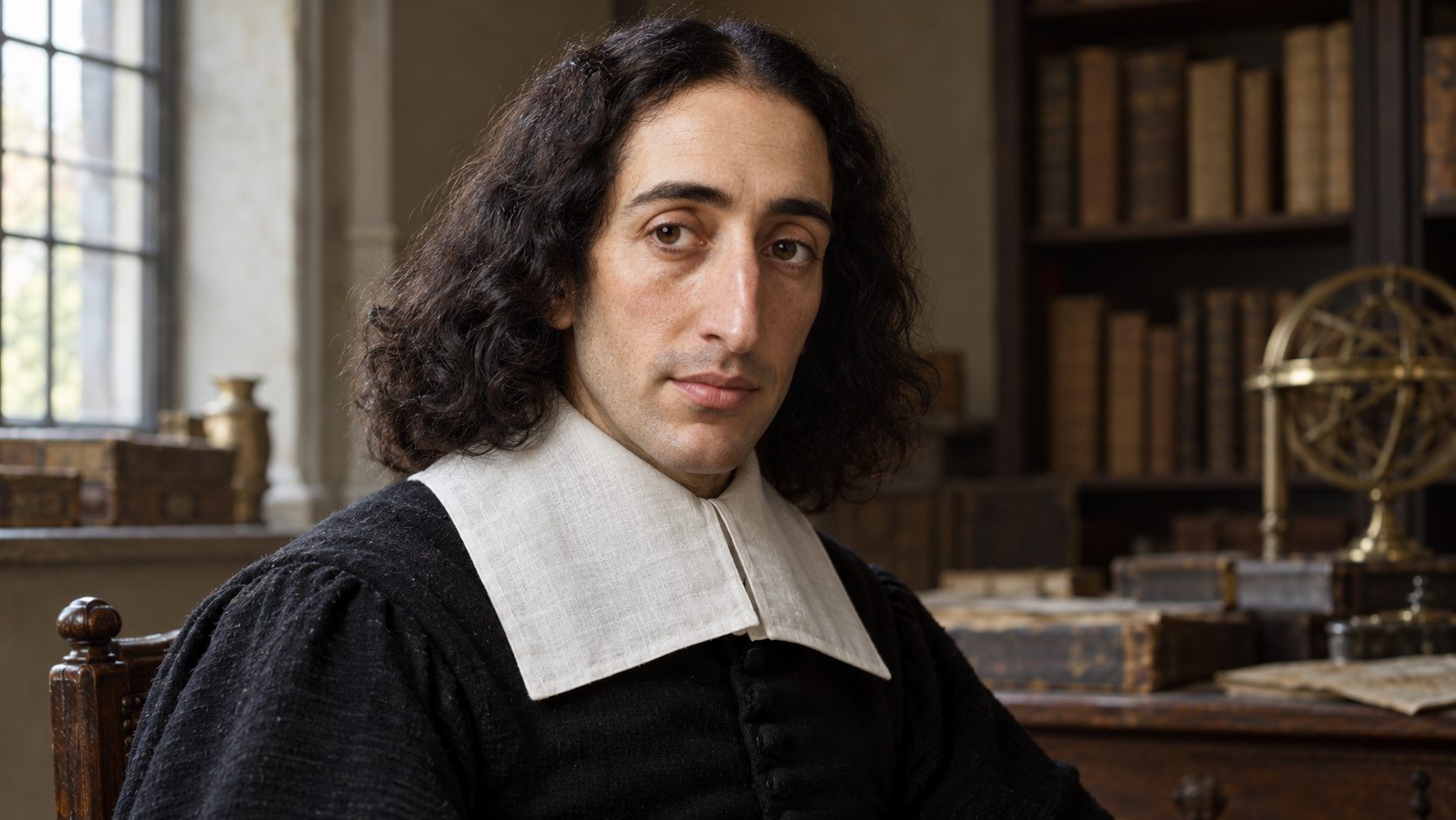 Realistic editorial recreation of Baruch Spinoza in a seventeenth-century Dutch scholarly room.