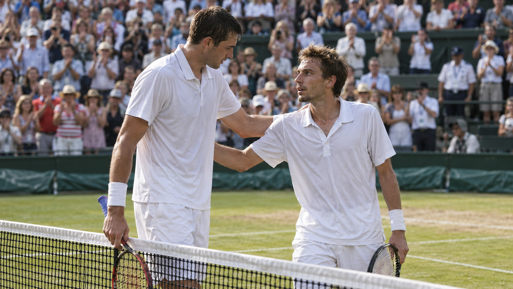 Photorealistic historical reconstruction of John Isner and Nicolas Mahut meeting at the net after their record Wimbledon marathon in 2010.