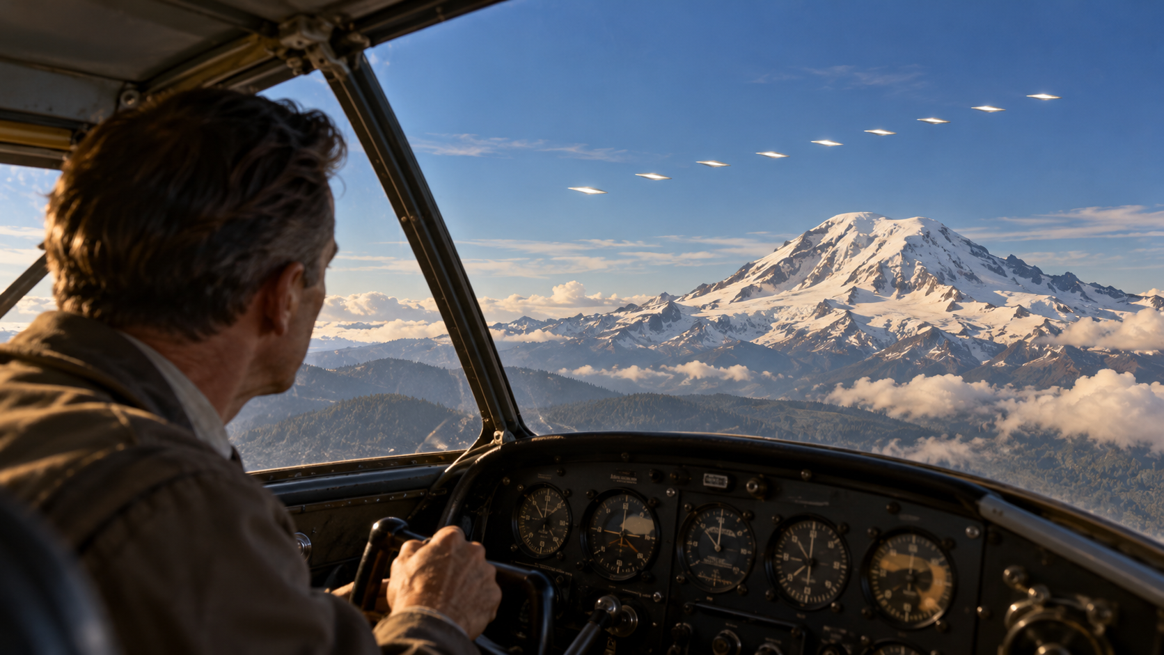 AI reconstruction of a 1947 pilot observing nine ambiguous bright objects near Mount Rainier