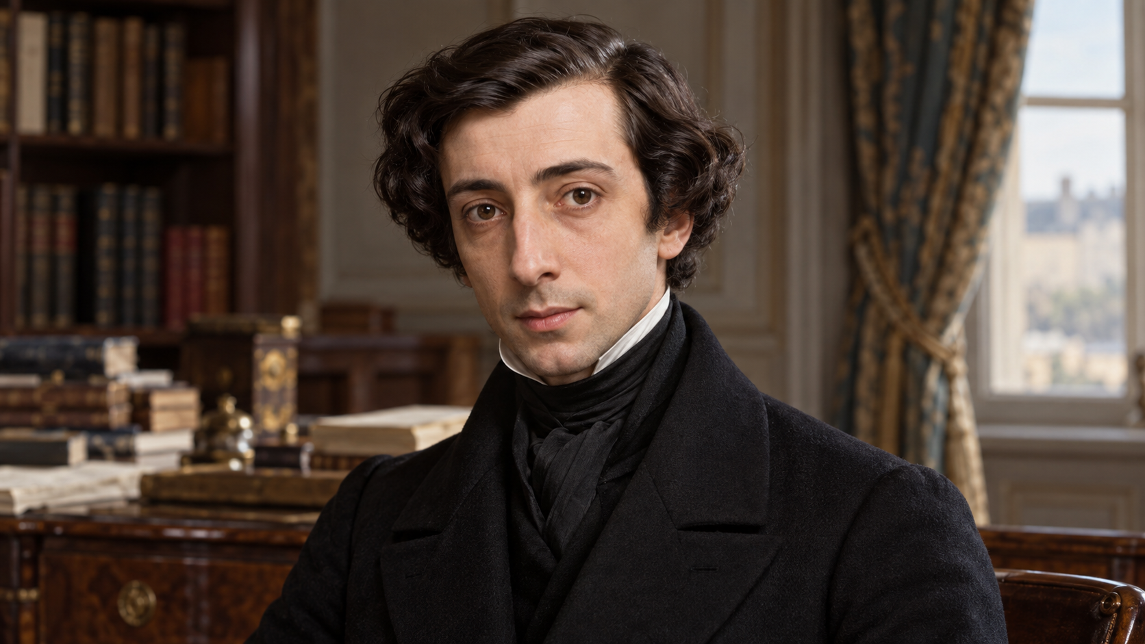 Realistic editorial recreation of Alexis de Tocqueville in a French scholarly study circa 1835.