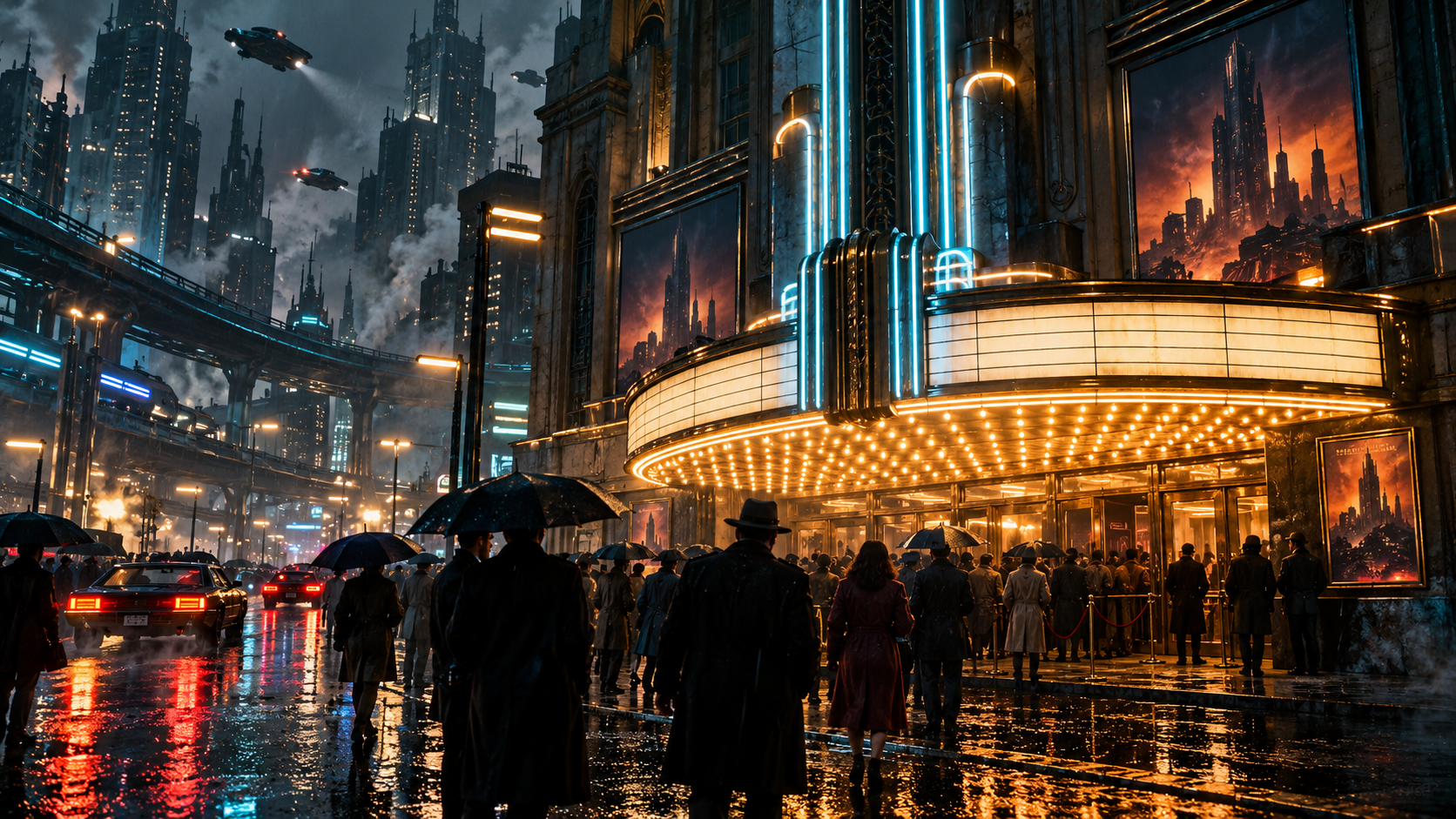 AI reconstruction of a rainy retro-futurist city theater on the opening night of a 1982 science-fiction noir
