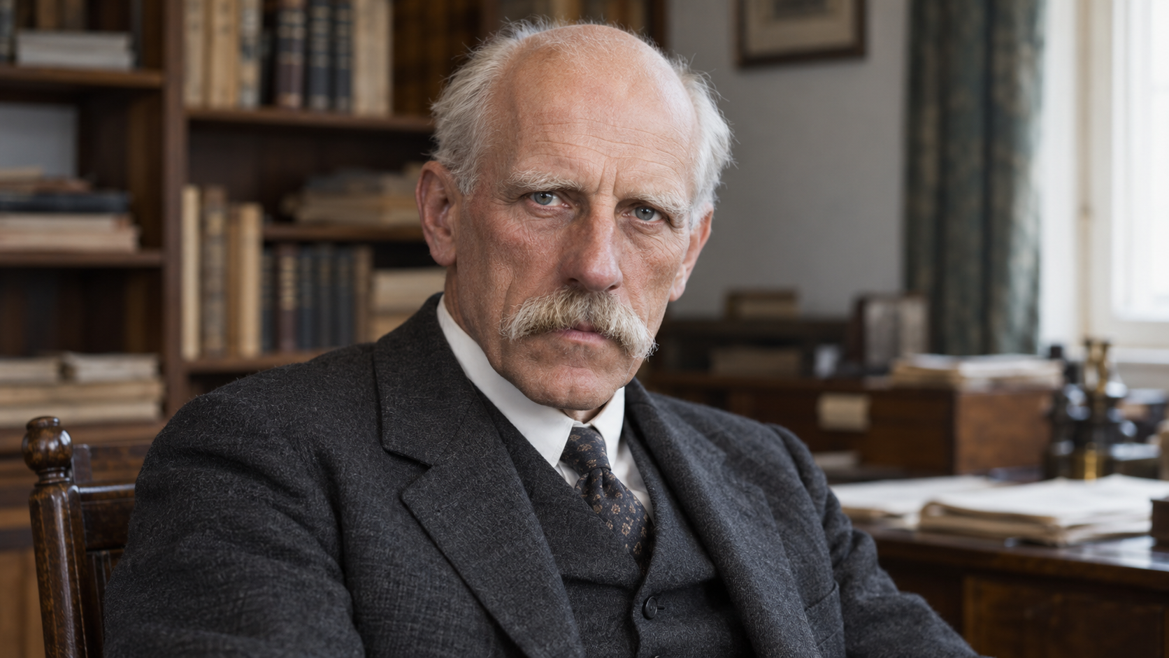 Realistic editorial recreation of Fridtjof Nansen in a modest European humanitarian office circa 1922.