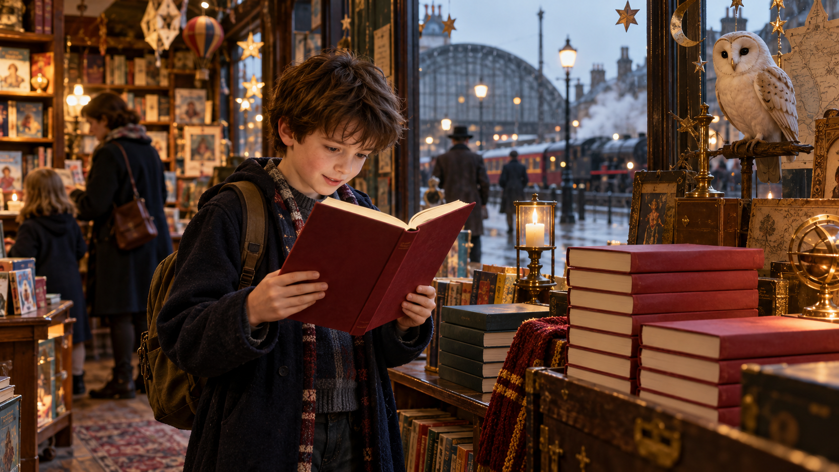 AI reconstruction of a young reader discovering a new fantasy novel in a 1997 British bookshop