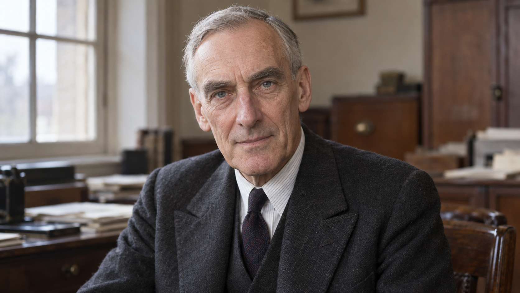Realistic editorial recreation of John Boyd Orr in a British public-service office circa 1946.
