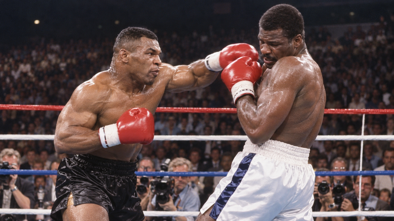 Photorealistic historical reconstruction of Mike Tyson attacking Michael Spinks during their 1988 heavyweight title fight in Atlantic City.