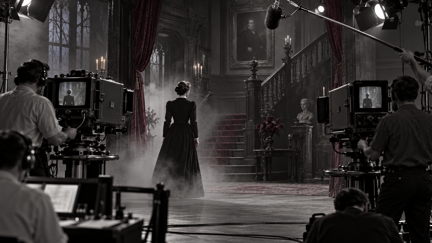 AI reconstruction of a 1966 television crew filming a governess entering a Gothic mansion set