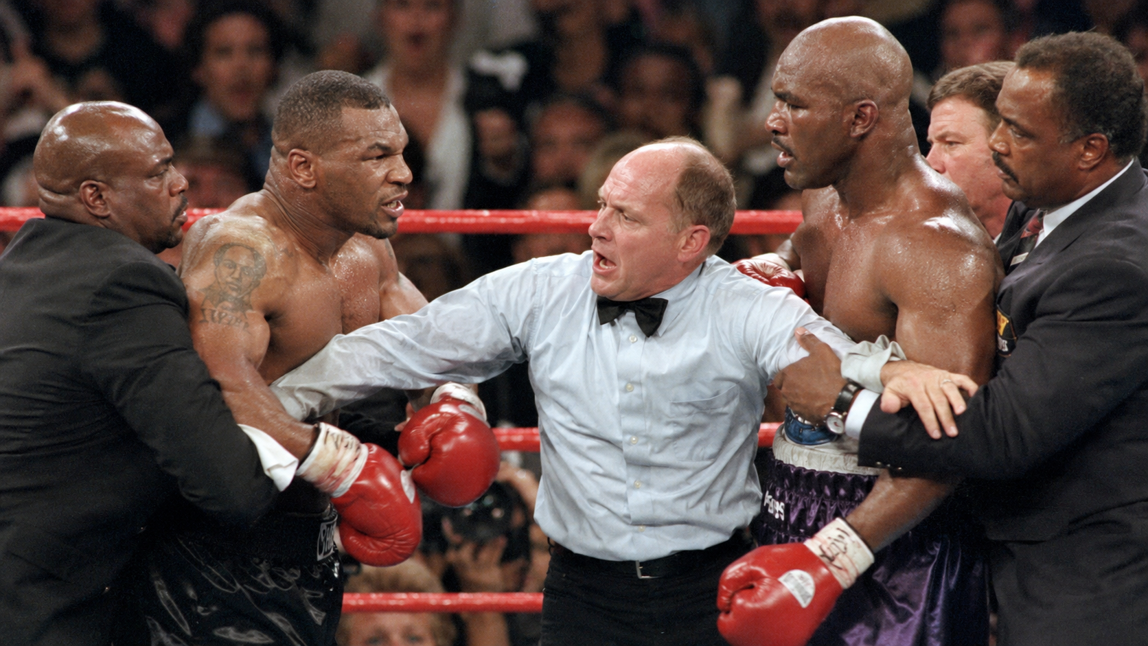 Photorealistic historical reconstruction of officials separating Mike Tyson and Evander Holyfield during their controversial 1997 rematch.