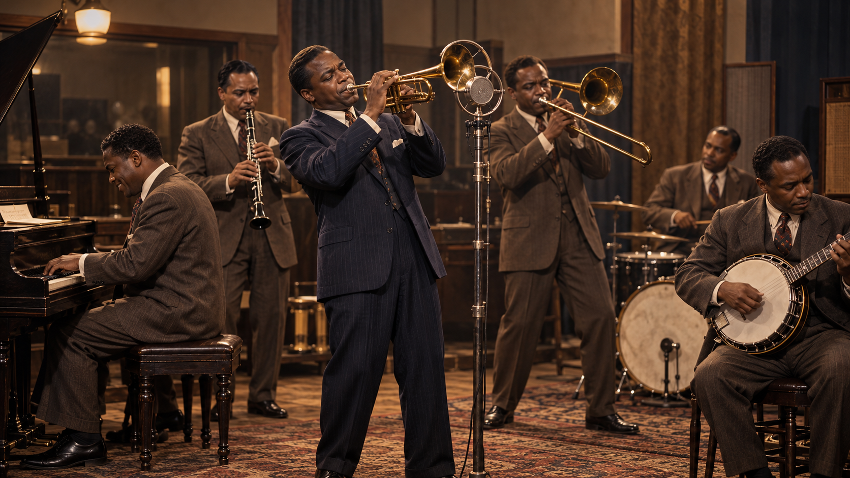 AI reconstruction of a Black jazz ensemble recording around one microphone in a 1928 Chicago studio