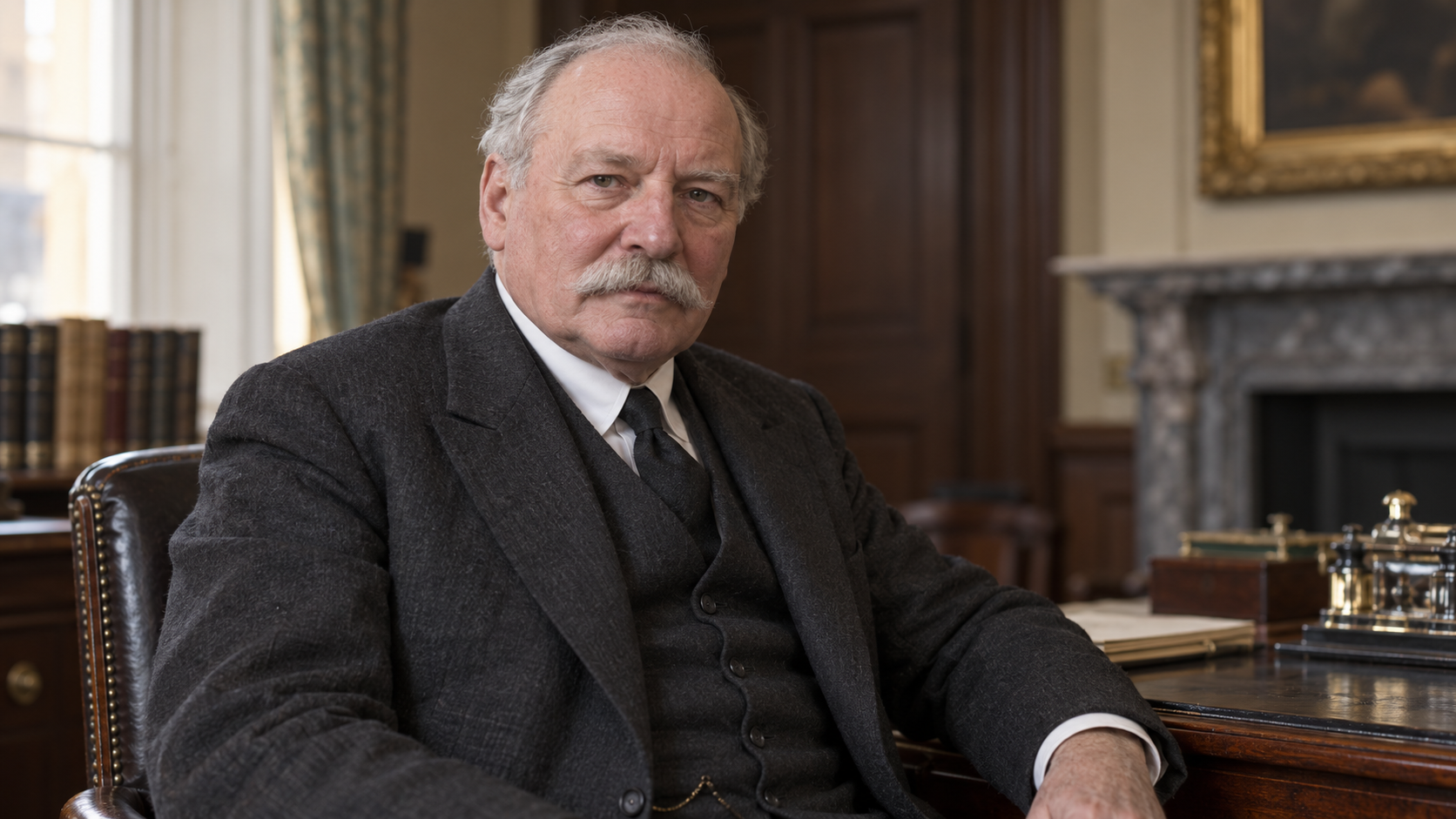 Realistic editorial recreation of Arthur Henderson in a European diplomatic office circa 1934.