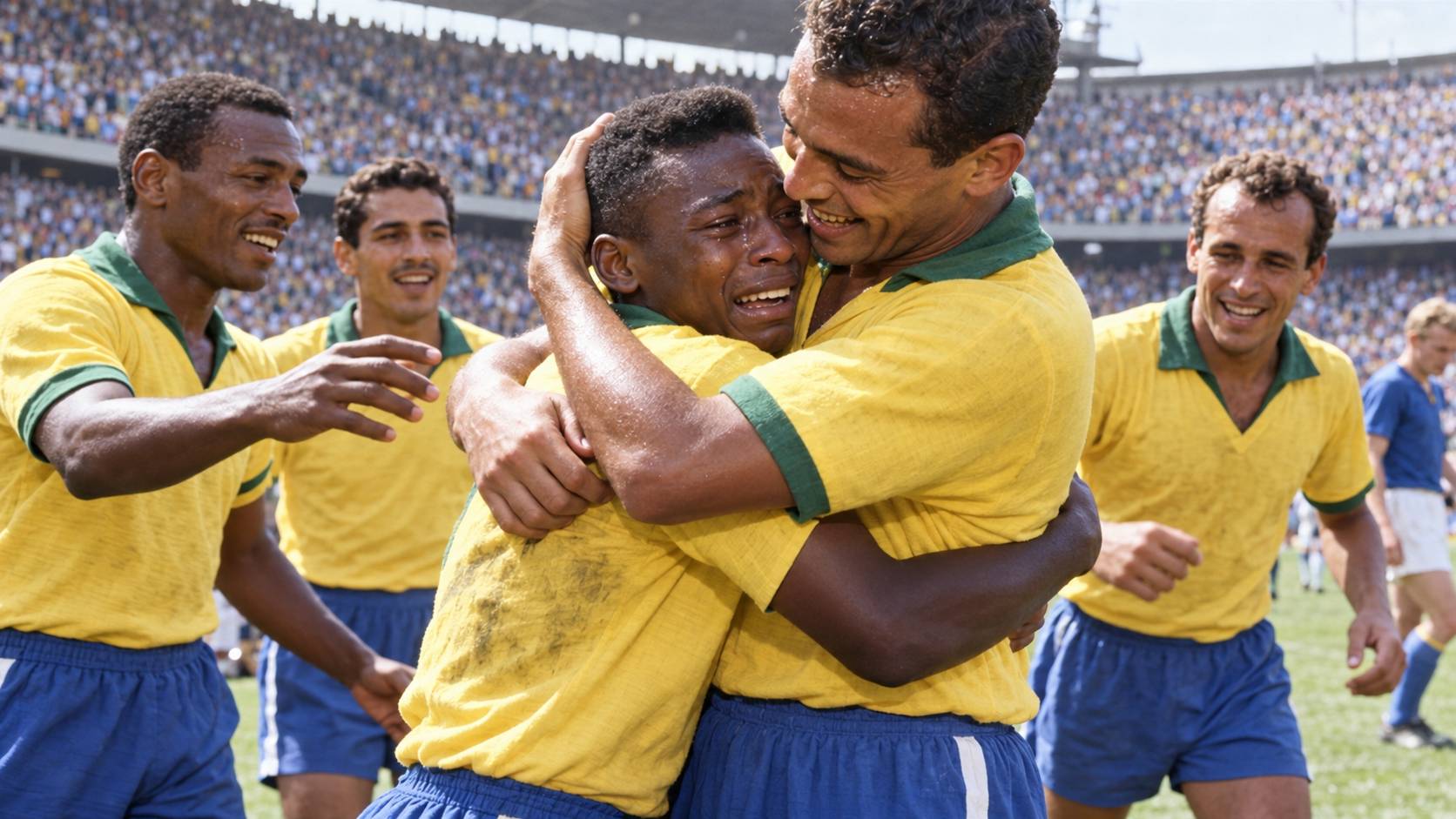 Photorealistic historical reconstruction of 17-year-old Pelé and Brazil celebrating victory in the 1958 World Cup final in Sweden.