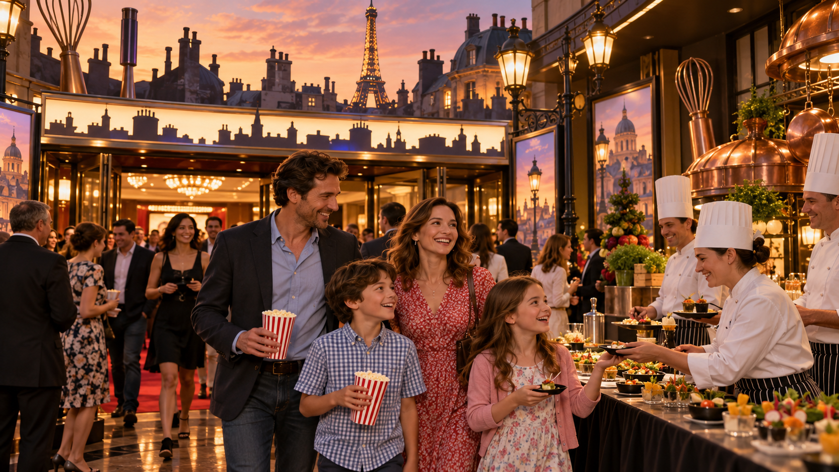 AI reconstruction of families and chefs at a Paris-themed cinema event in June 2007