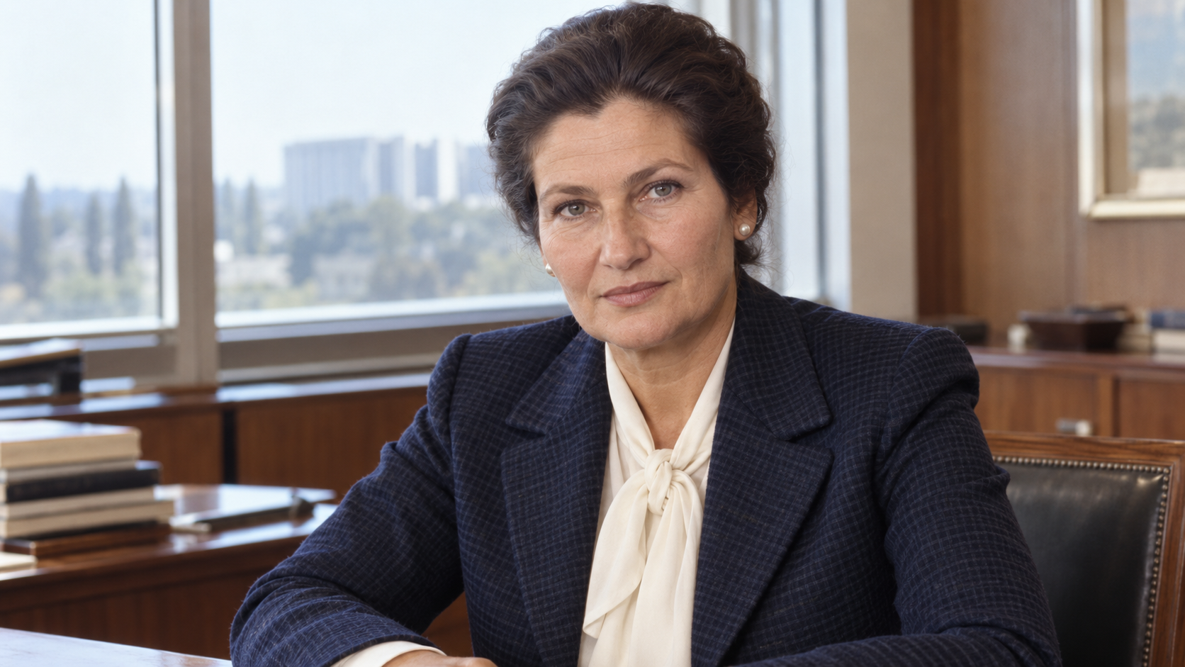 Realistic editorial recreation of Simone Veil in a European parliamentary office circa 1979.