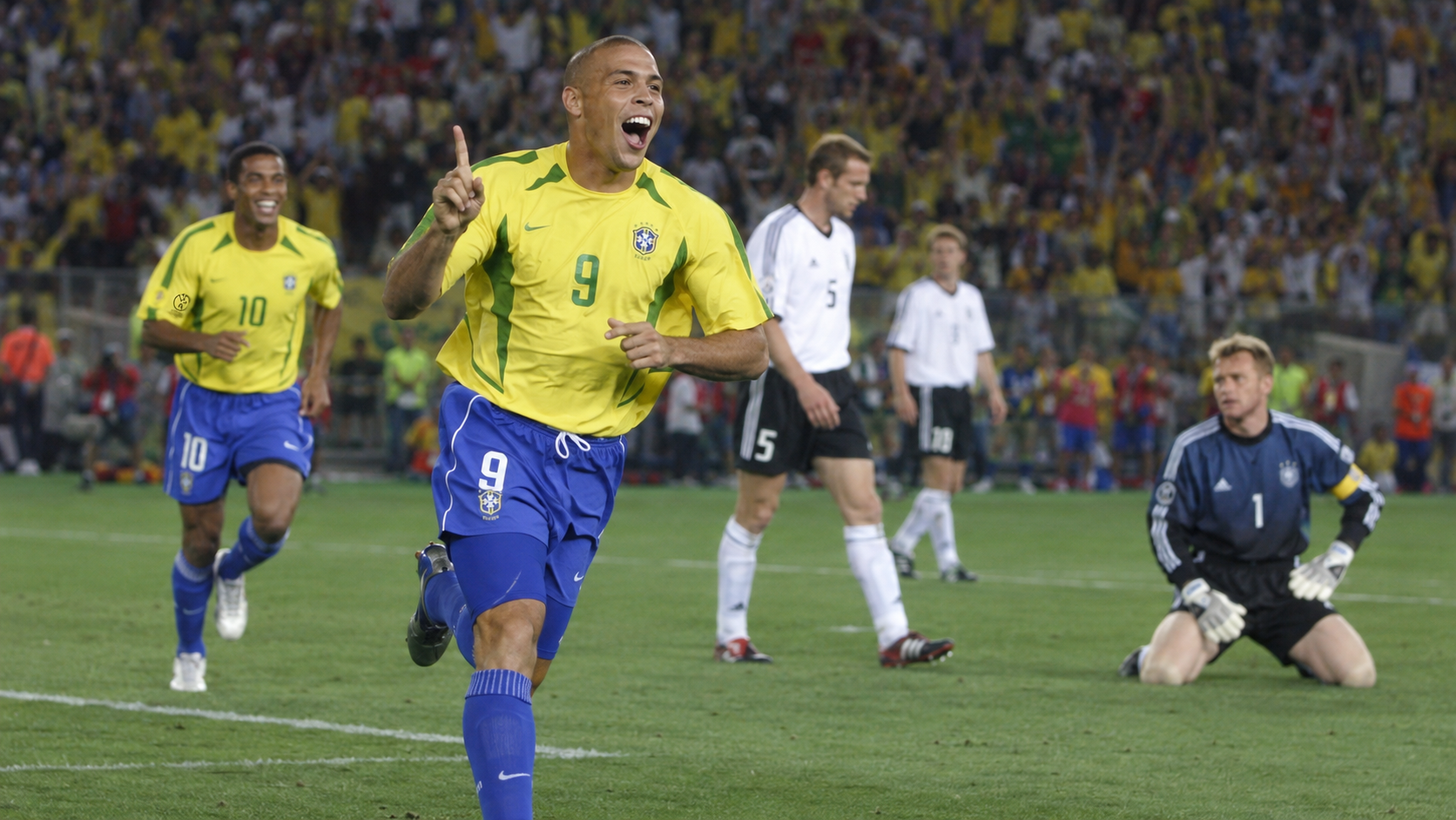 Photorealistic historical reconstruction of Ronaldo and Brazil celebrating victory over Germany in the 2002 World Cup final in Yokohama.