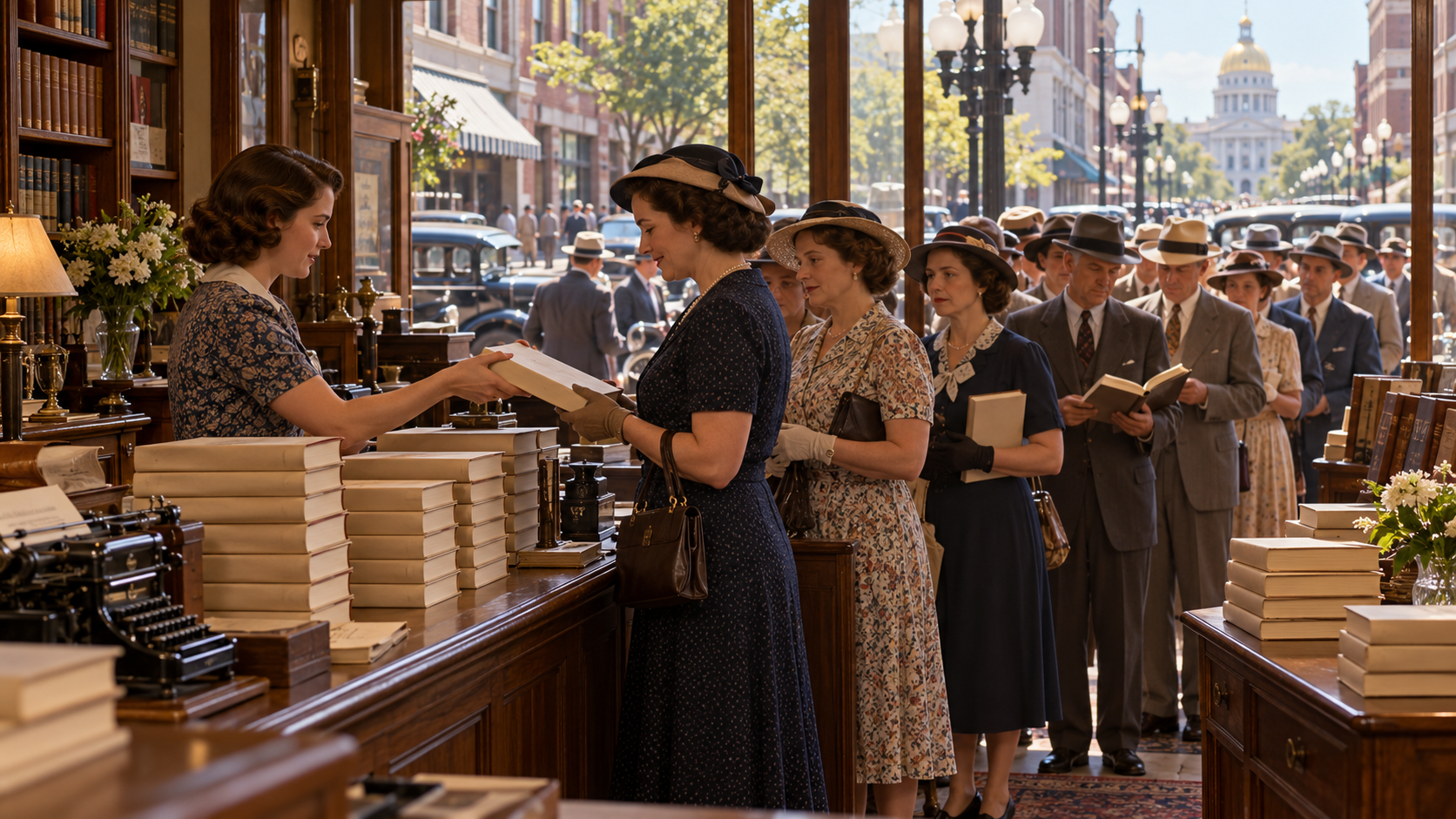 AI reconstruction of readers queuing for a thick new novel at an Atlanta bookstore in 1936