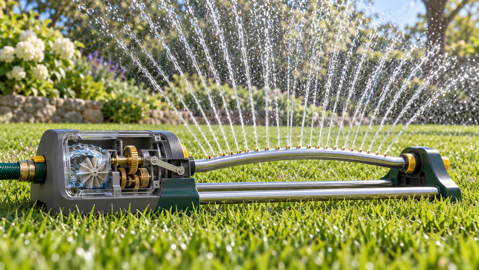 Unbranded lawn sprinkler spraying a fan of water with a small cutaway housing showing turbine, reduction gears, crank, and rocking tube