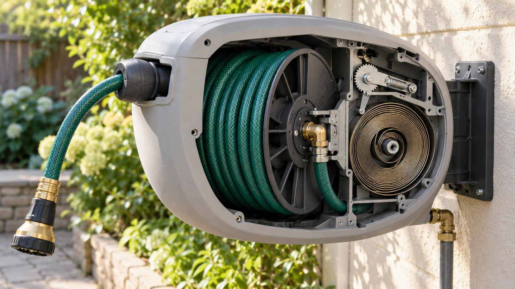 Unbranded garden hose reel opened to show the coiled hose spool, enclosed flat recoil spring, ratchet latch, swivel connector, and guide