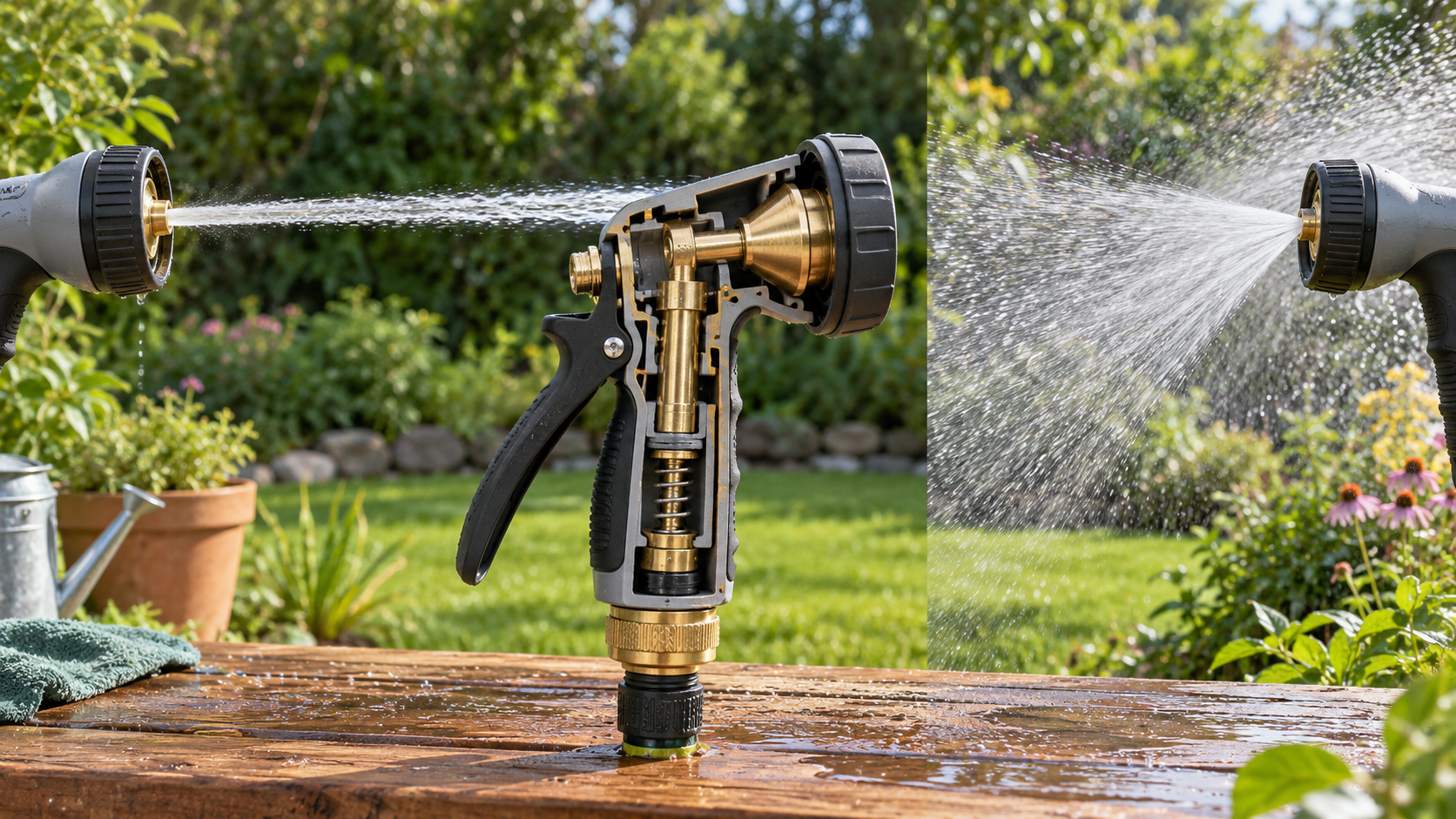 Unbranded adjustable garden nozzle with a cutaway view of its trigger valve and movable cone beside a narrow stream and broad fan spray