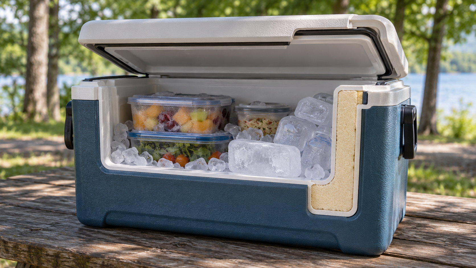 Plain hard-sided cooler on a shaded picnic table with a cutaway edge showing the outer shell, thick foam, inner liner, fitted lid, ice, and sealed food