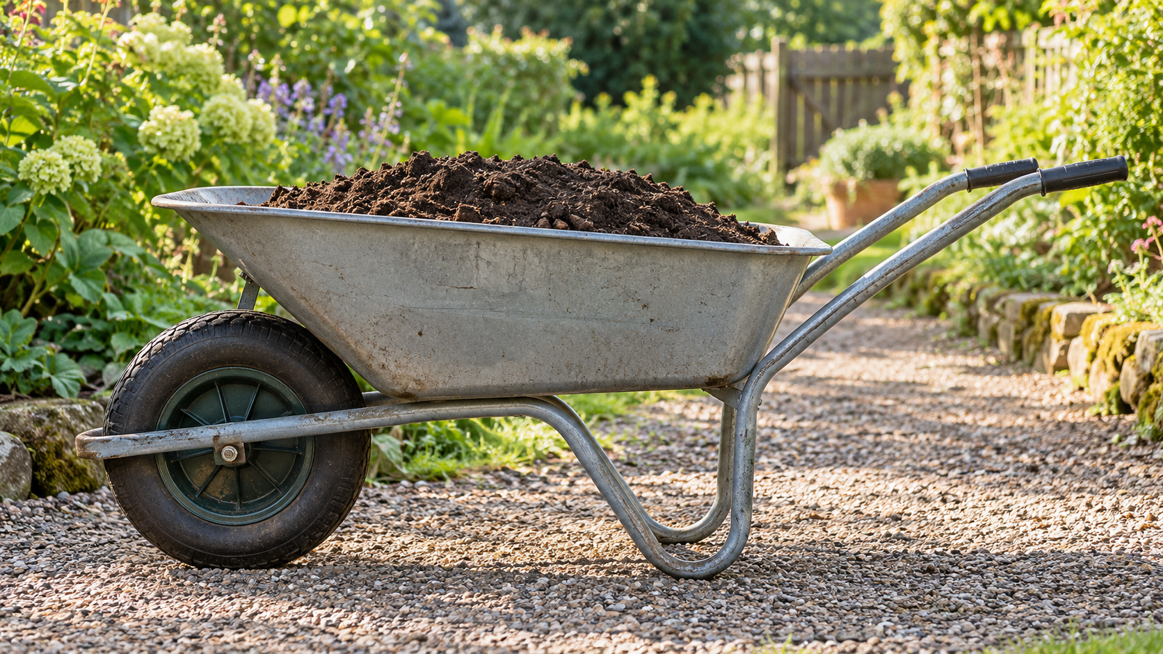 Plain single-wheel wheelbarrow carrying soil on a garden path with the wheel axle below the front of the tub and the load centered between axle and handles