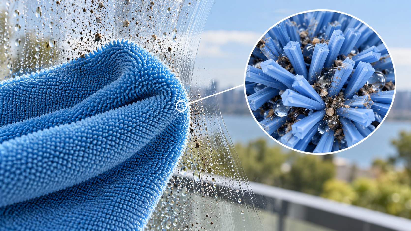Macro photorealistic view of a blue unbranded microfiber cloth wiping glass with a cutaway inset showing dense split wedge-shaped synthetic filaments trapping dust and liquid