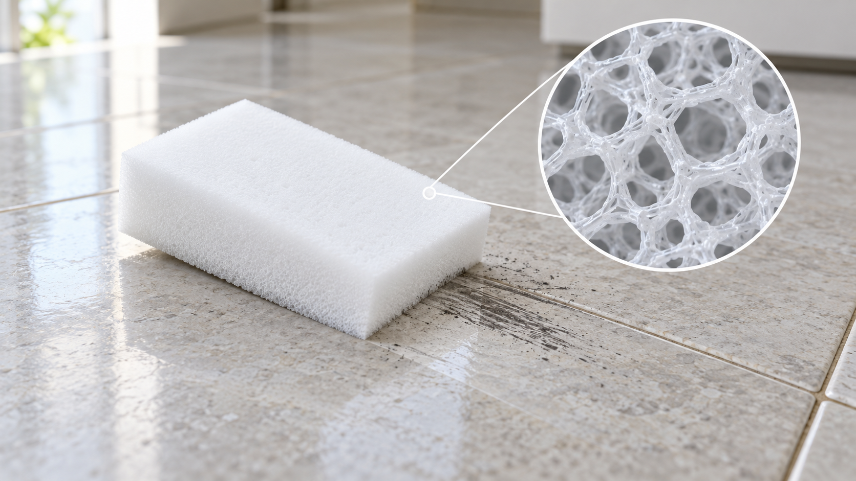White unbranded melamine foam sponge cleaning a scuff from a hard tile with a magnified cutaway of its rigid open-cell microscopic network
