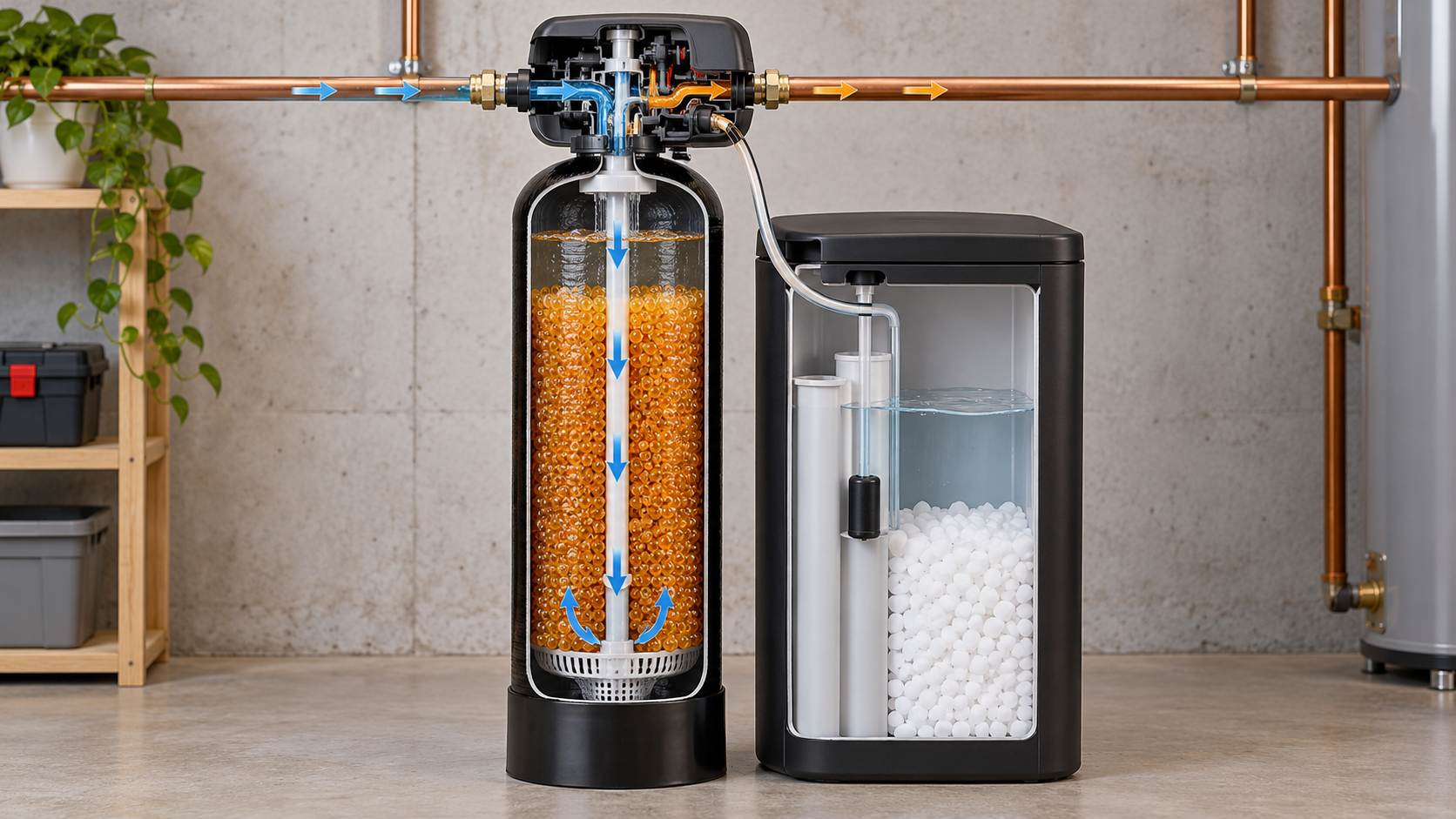 Clean cutaway of an unbranded residential water softener showing mineral tank with amber resin beads, brine tank, control valve, and directional water flow without labels