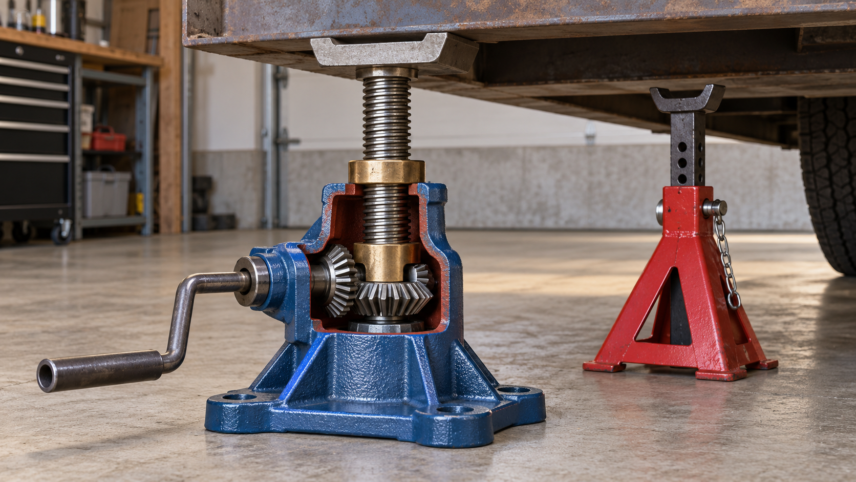 Unbranded mechanical screw jack supporting a raised demonstration load on level concrete with redundant safety stand nearby, cutaway showing base, threaded lifting screw, nut, bevel gears, crank socket, and saddle
