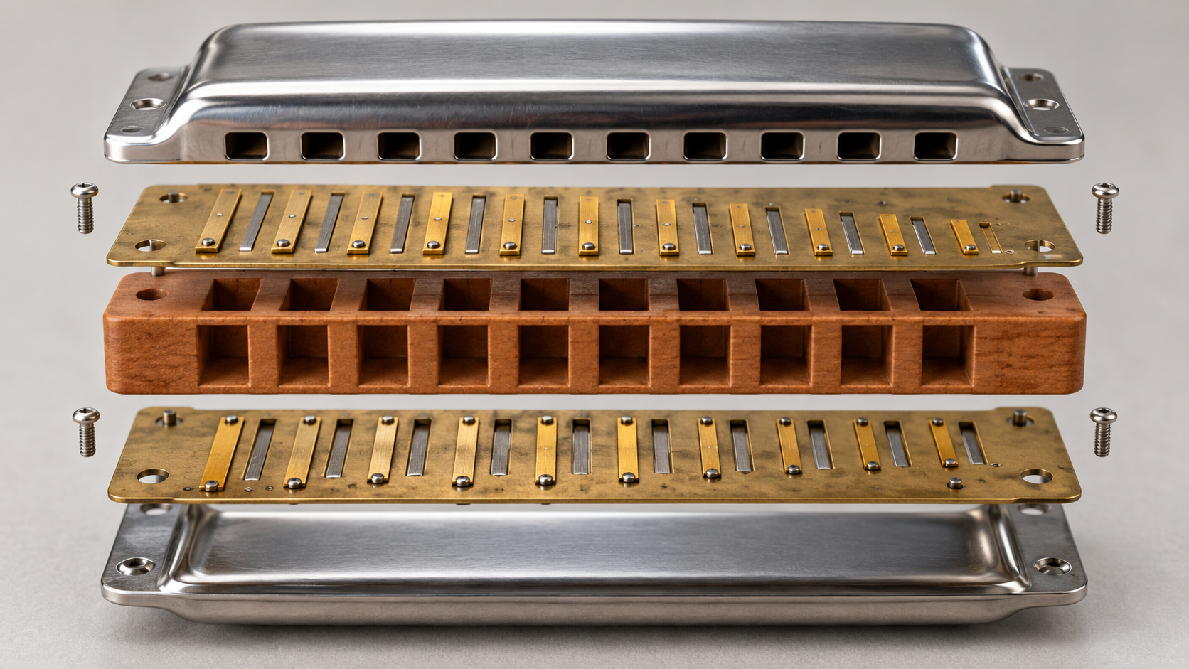 Unbranded diatonic harmonica in macro exploded cutaway, showing comb with individual air cells, upper and lower reed plates, paired brass blow and draw reeds of varied lengths, and cover plates