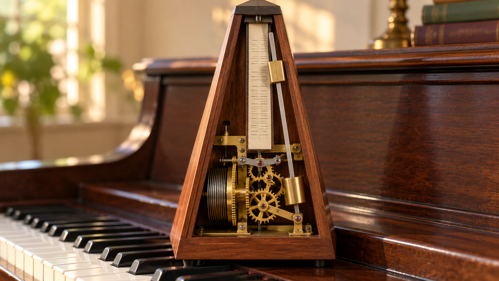 Unbranded traditional pyramid mechanical metronome in cutaway on a piano, showing wound mainspring, gear train, escapement wheel and pallets, inverted pendulum with fixed lower mass and sliding upper weight, no readable scale