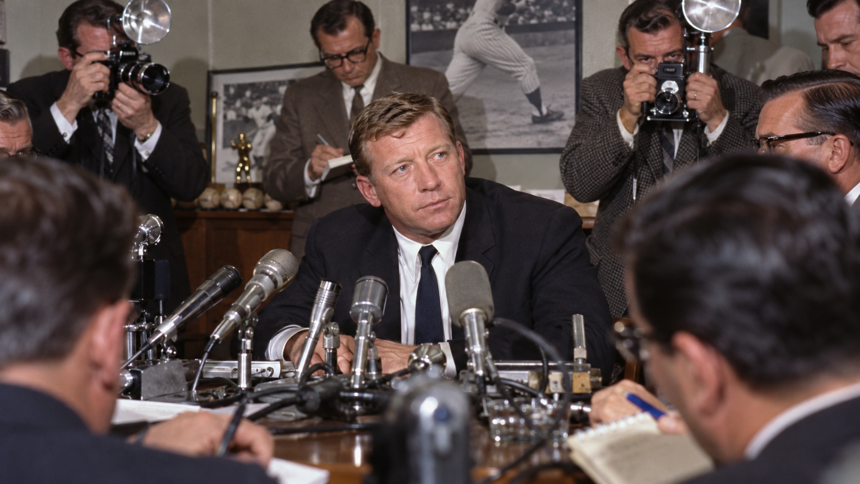 Photorealistic historical reconstruction of Mickey Mantle announcing his retirement at a 1969 press conference