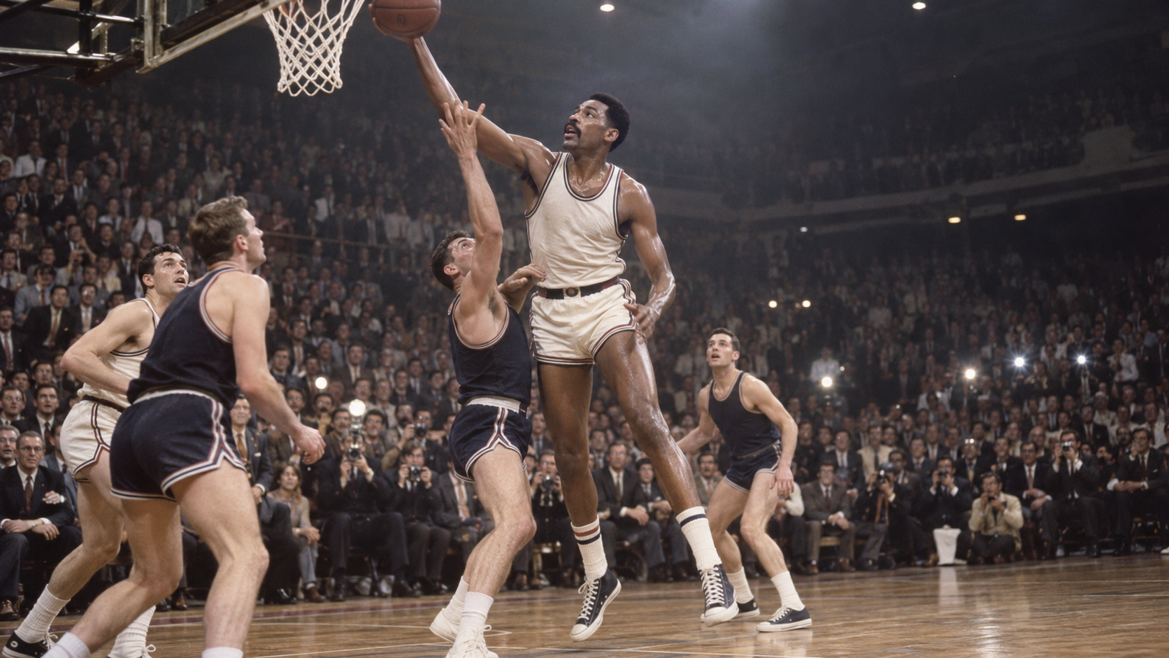 Photorealistic historical reconstruction of Wilt Chamberlain scoring 100 points in a 1962 basketball game