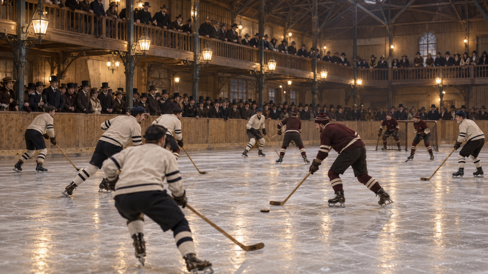 Photorealistic historical reconstruction of the first organized indoor ice hockey game in Montreal in 1875