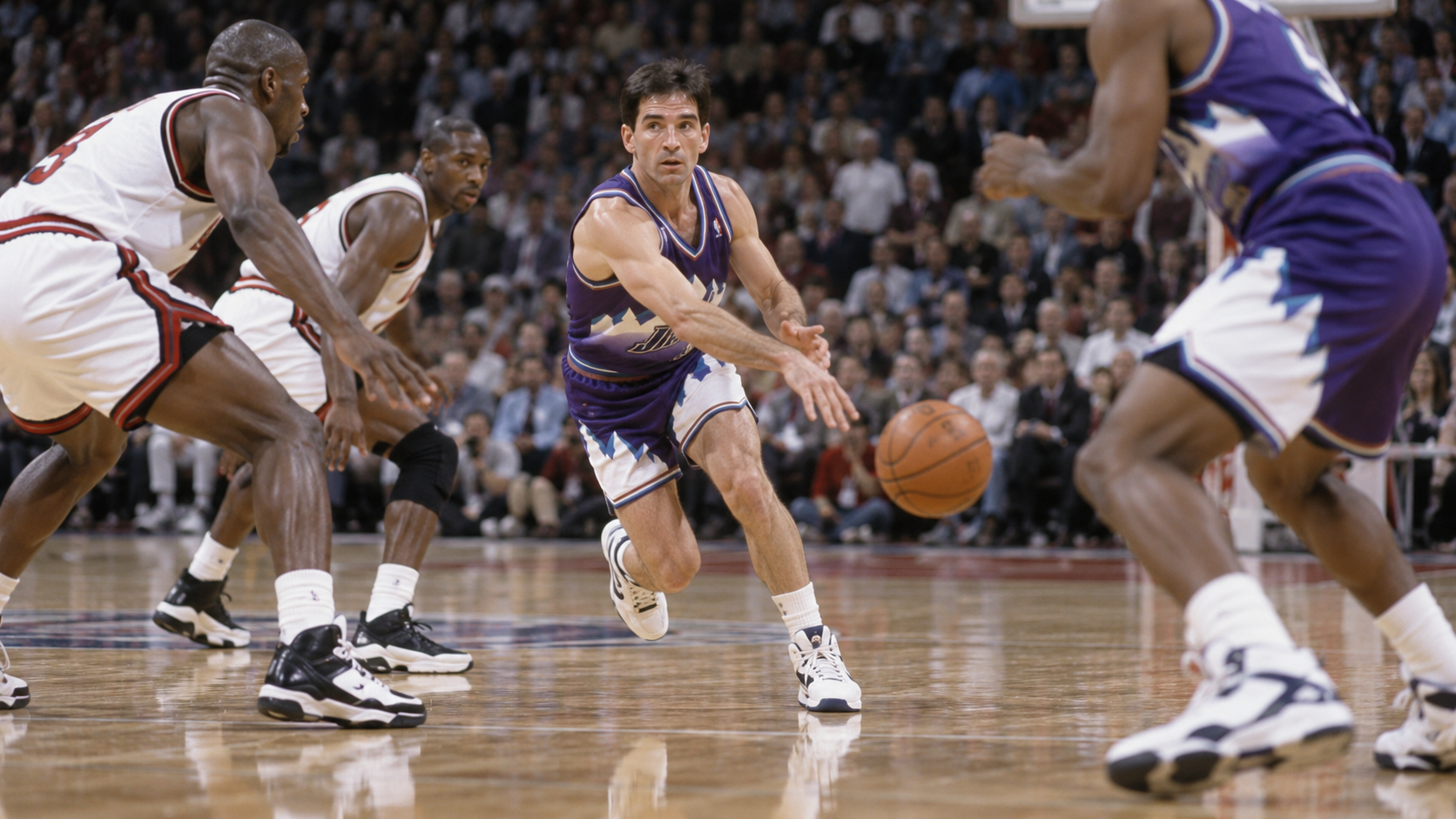 Photorealistic historical reconstruction of John Stockton reaching 11,000 career assists in 1996