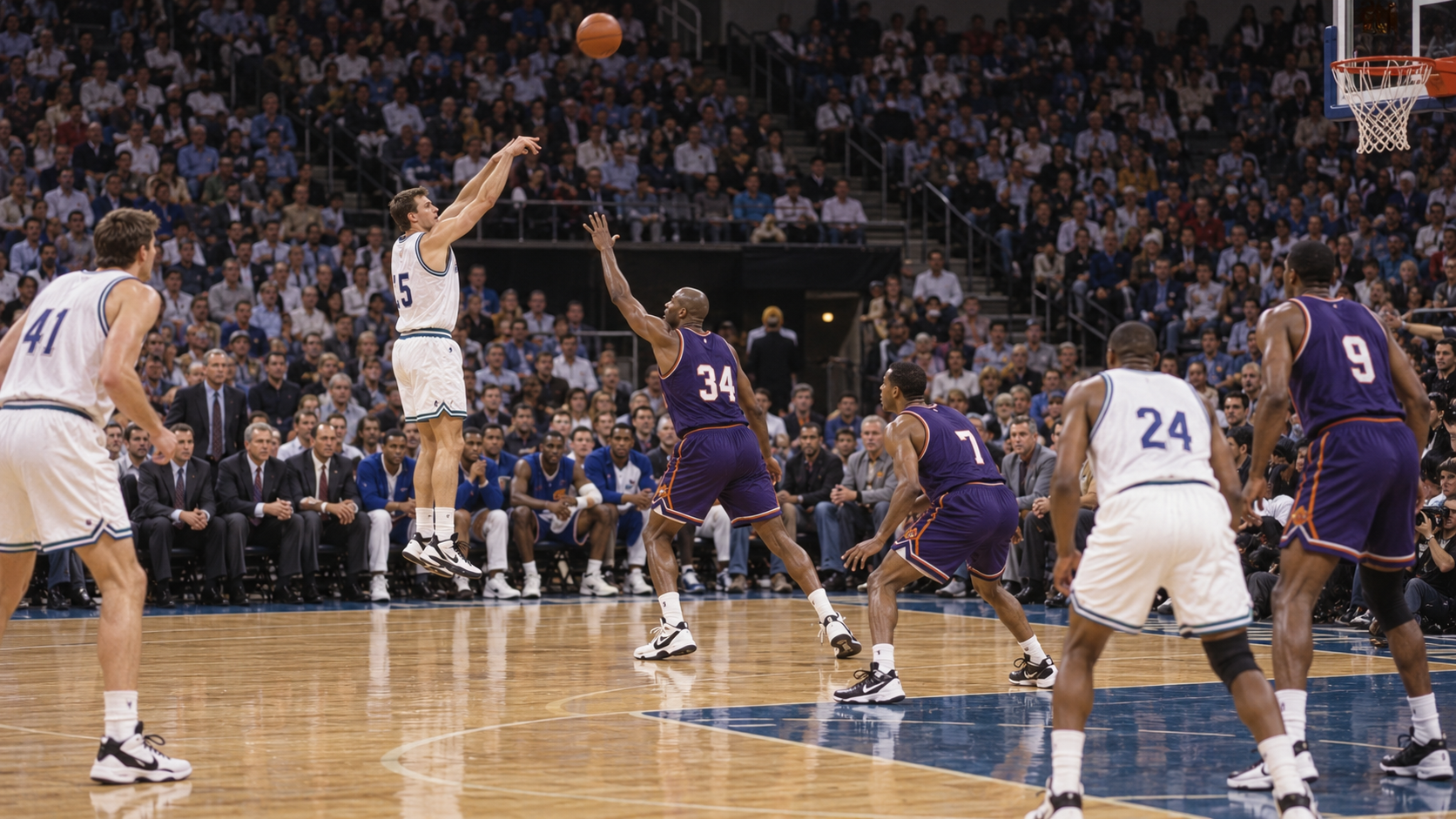 Photorealistic historical reconstruction of Dallas attempting 49 three-pointers in a 1996 basketball game